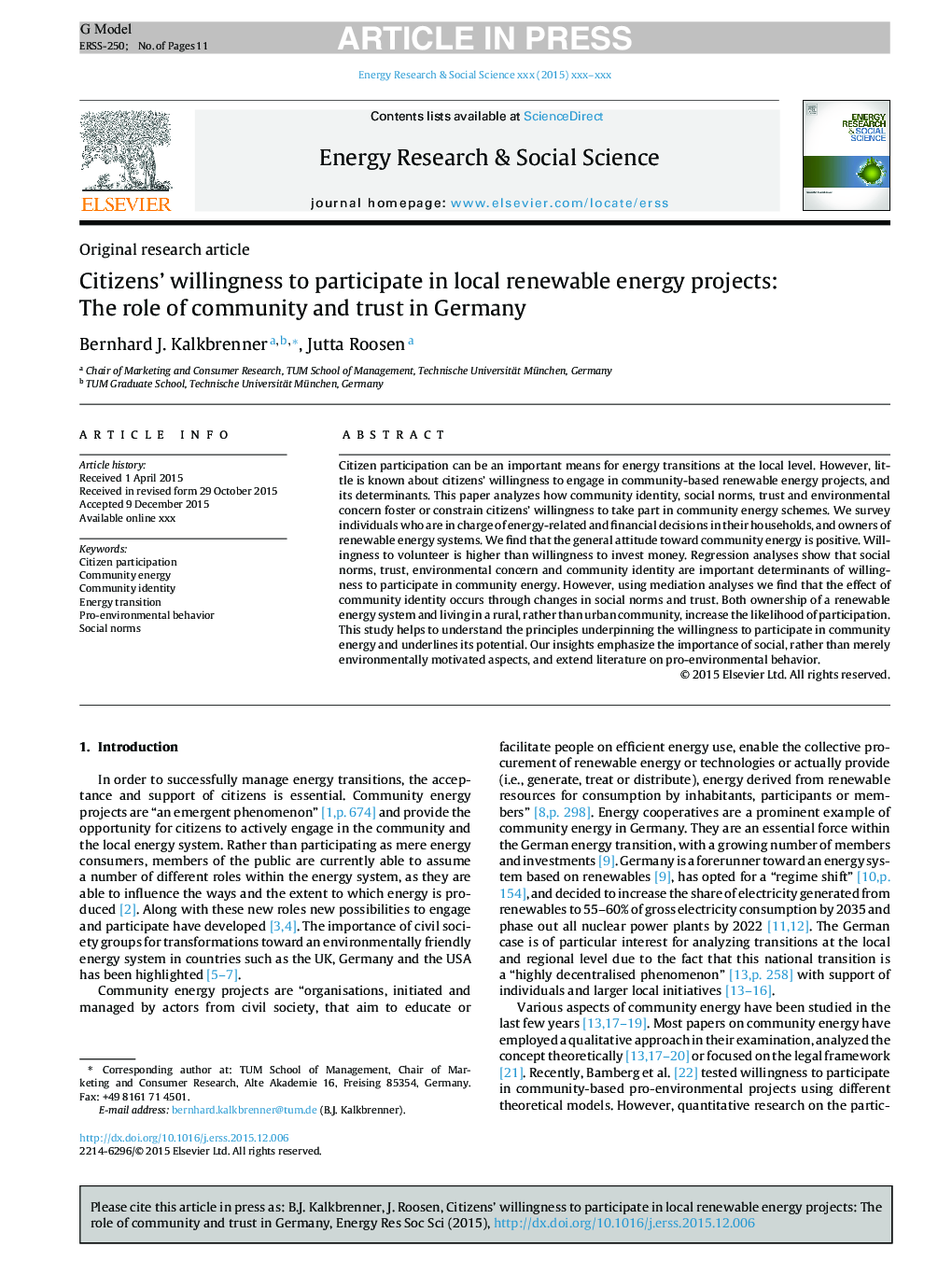 Citizens' willingness to participate in local renewable energy projects: The role of community and trust in Germany