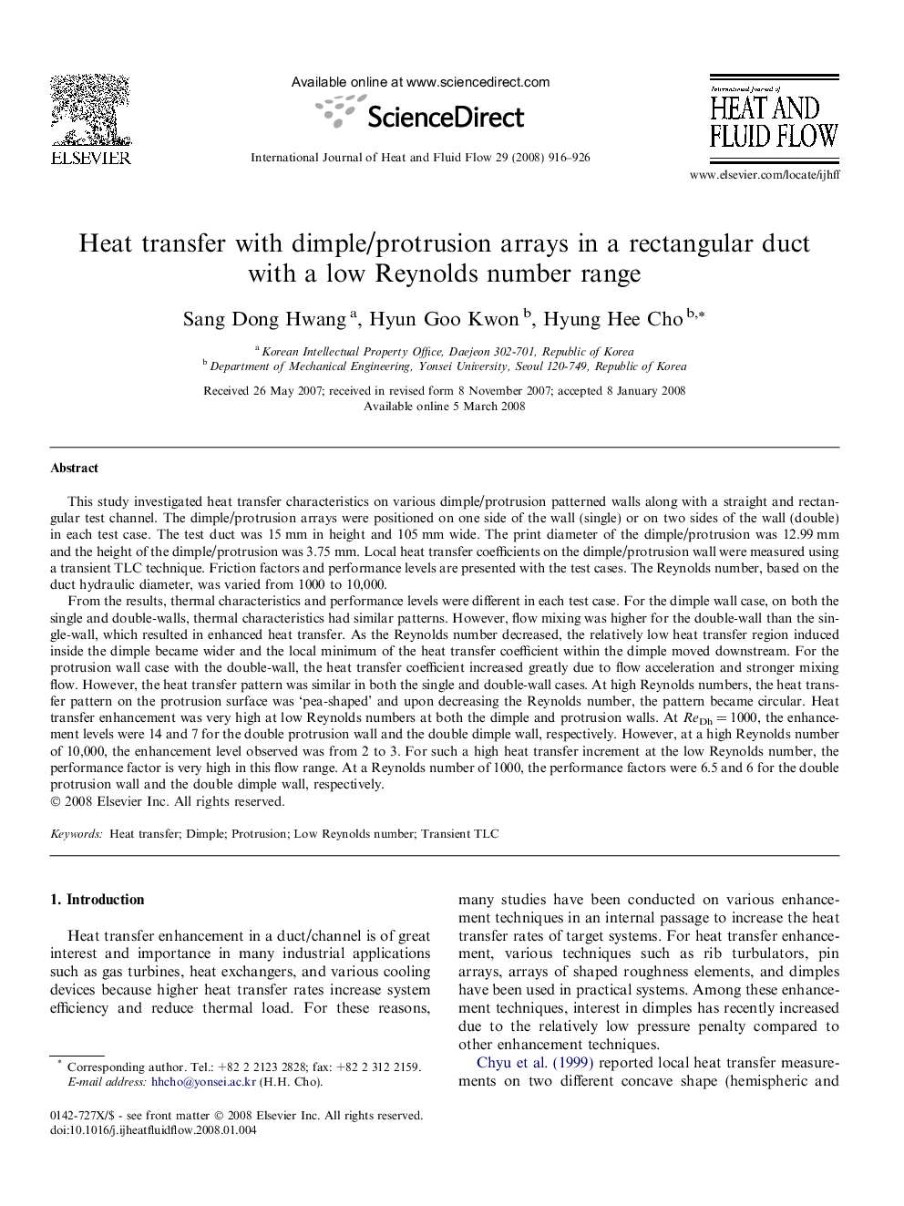 Heat transfer with dimple/protrusion arrays in a rectangular duct with a low Reynolds number range