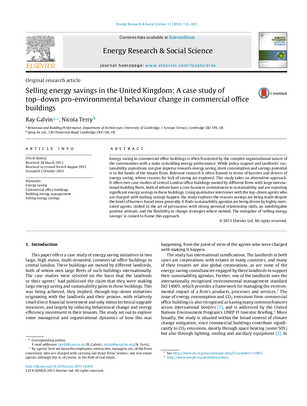 Selling energy savings in the United Kingdom: A case study of top-down pro-environmental behaviour change in commercial office buildings