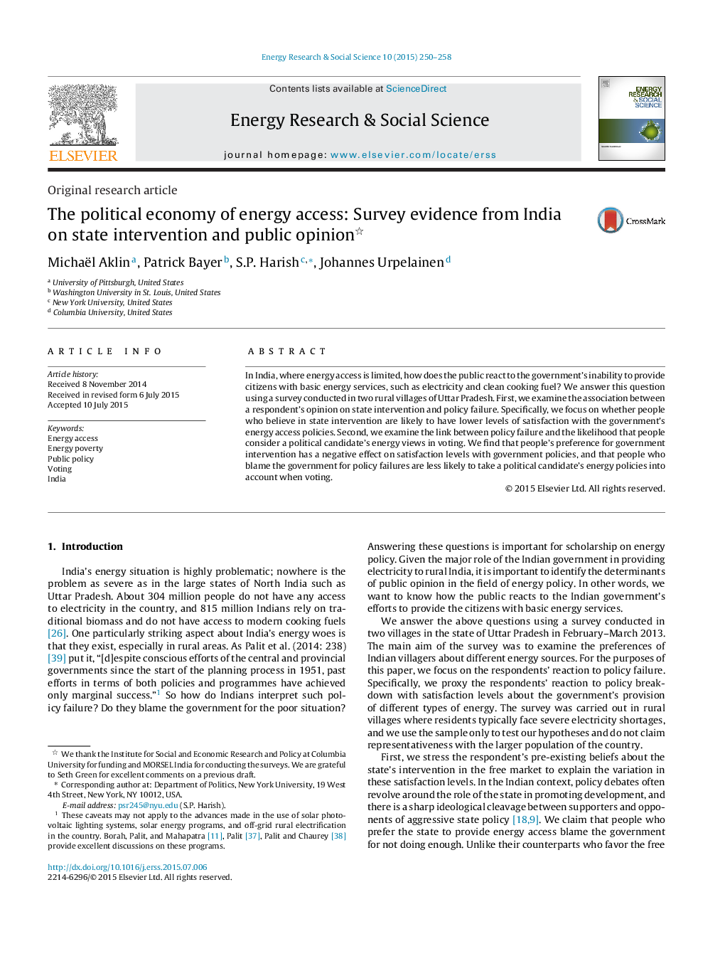 The political economy of energy access: Survey evidence from India on state intervention and public opinion