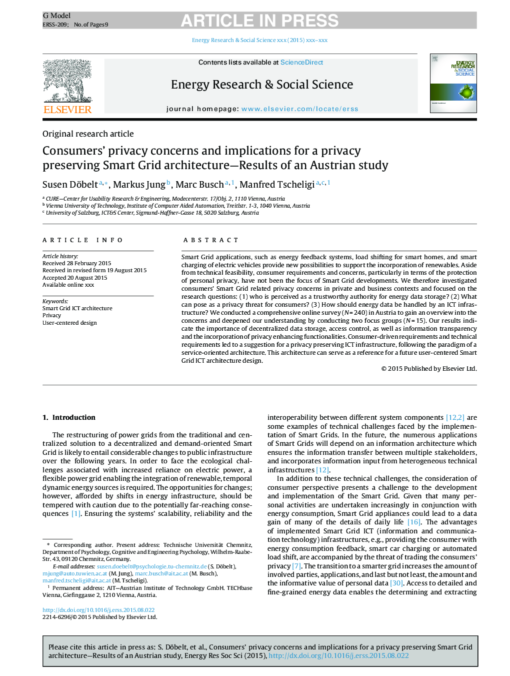 Consumers' privacy concerns and implications for a privacy preserving Smart Grid architecture-Results of an Austrian study