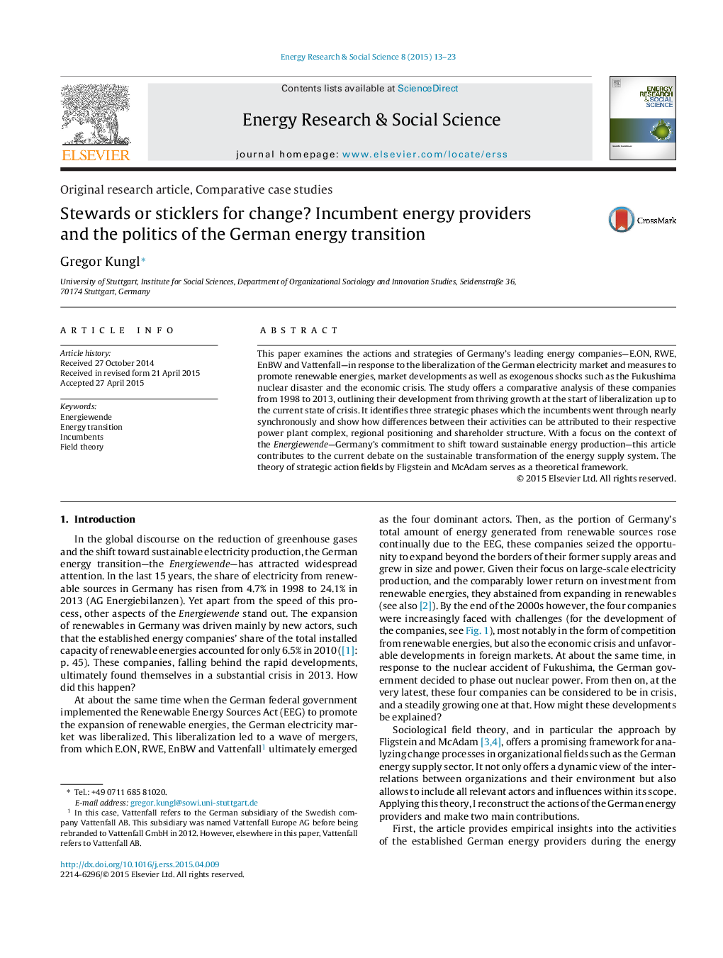 Stewards or sticklers for change? Incumbent energy providers and the politics of the German energy transition