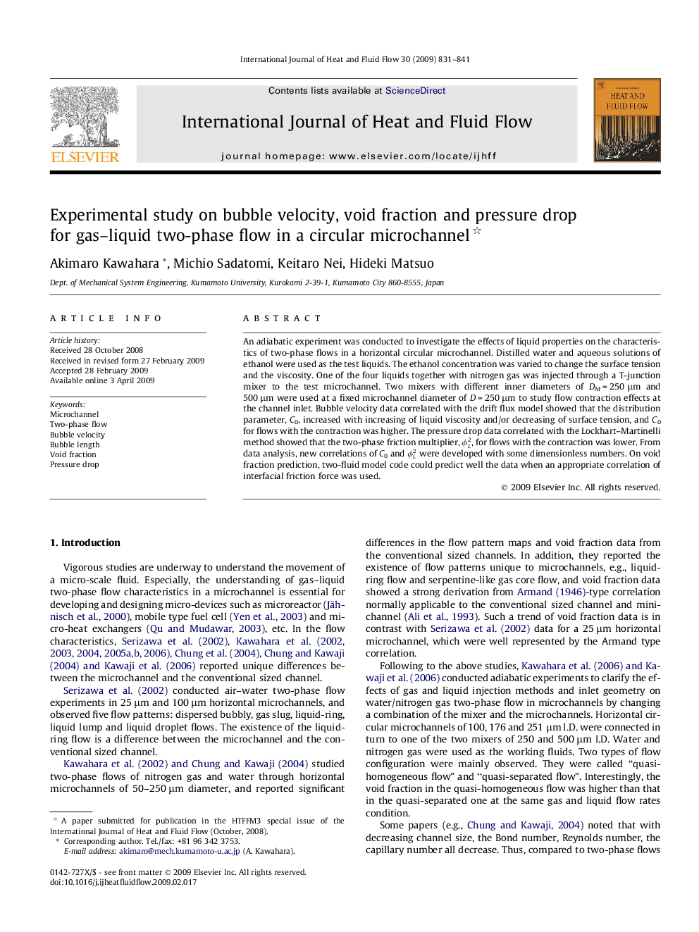 Experimental study on bubble velocity, void fraction and pressure drop for gas–liquid two-phase flow in a circular microchannel 