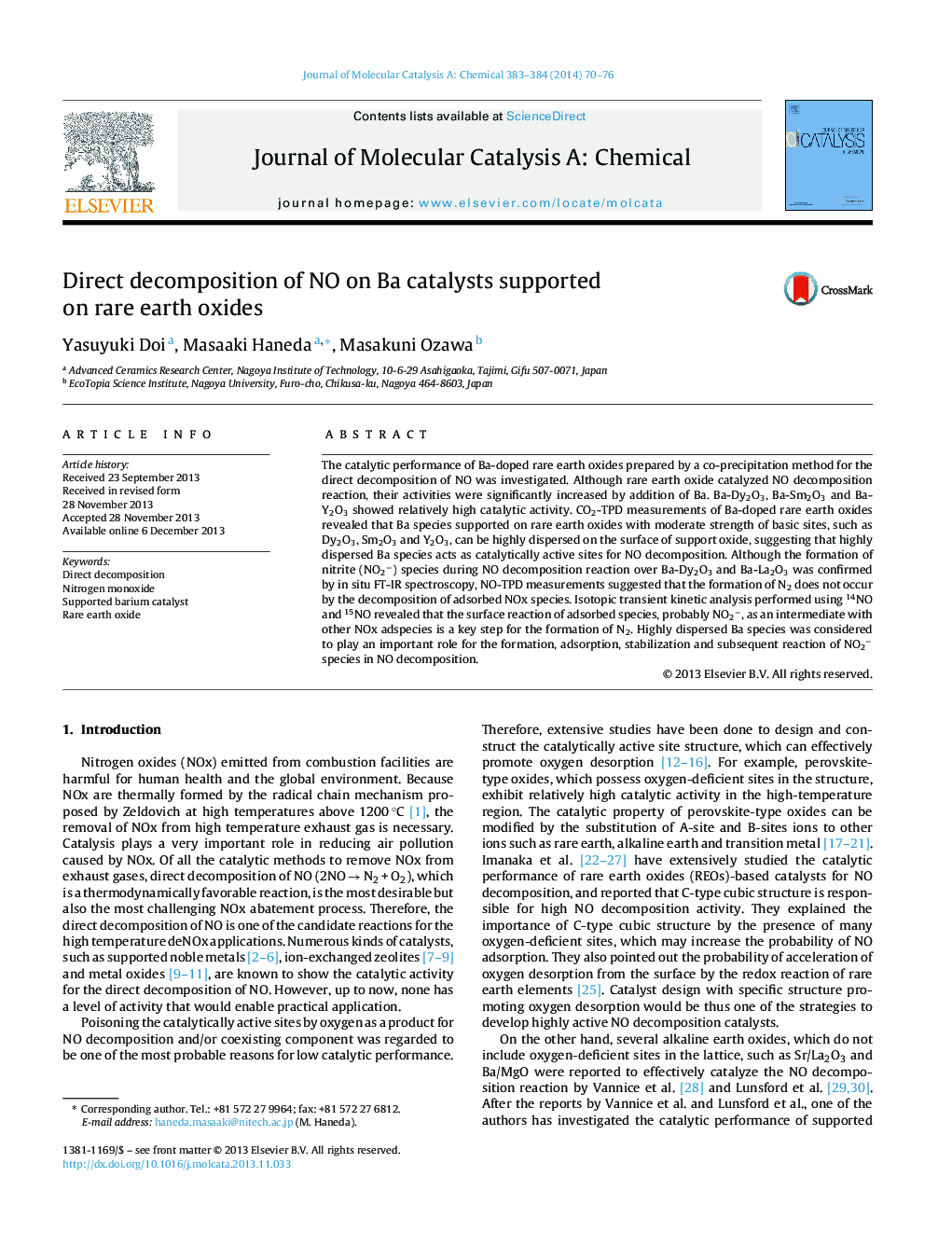 Direct decomposition of NO on Ba catalysts supported on rare earth oxides