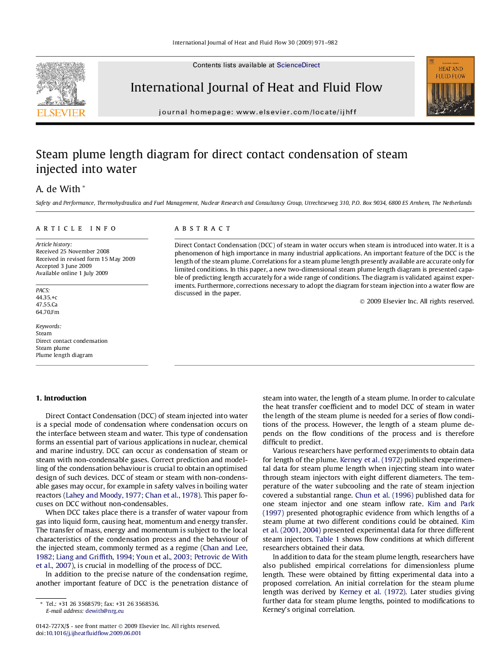 Steam plume length diagram for direct contact condensation of steam injected into water