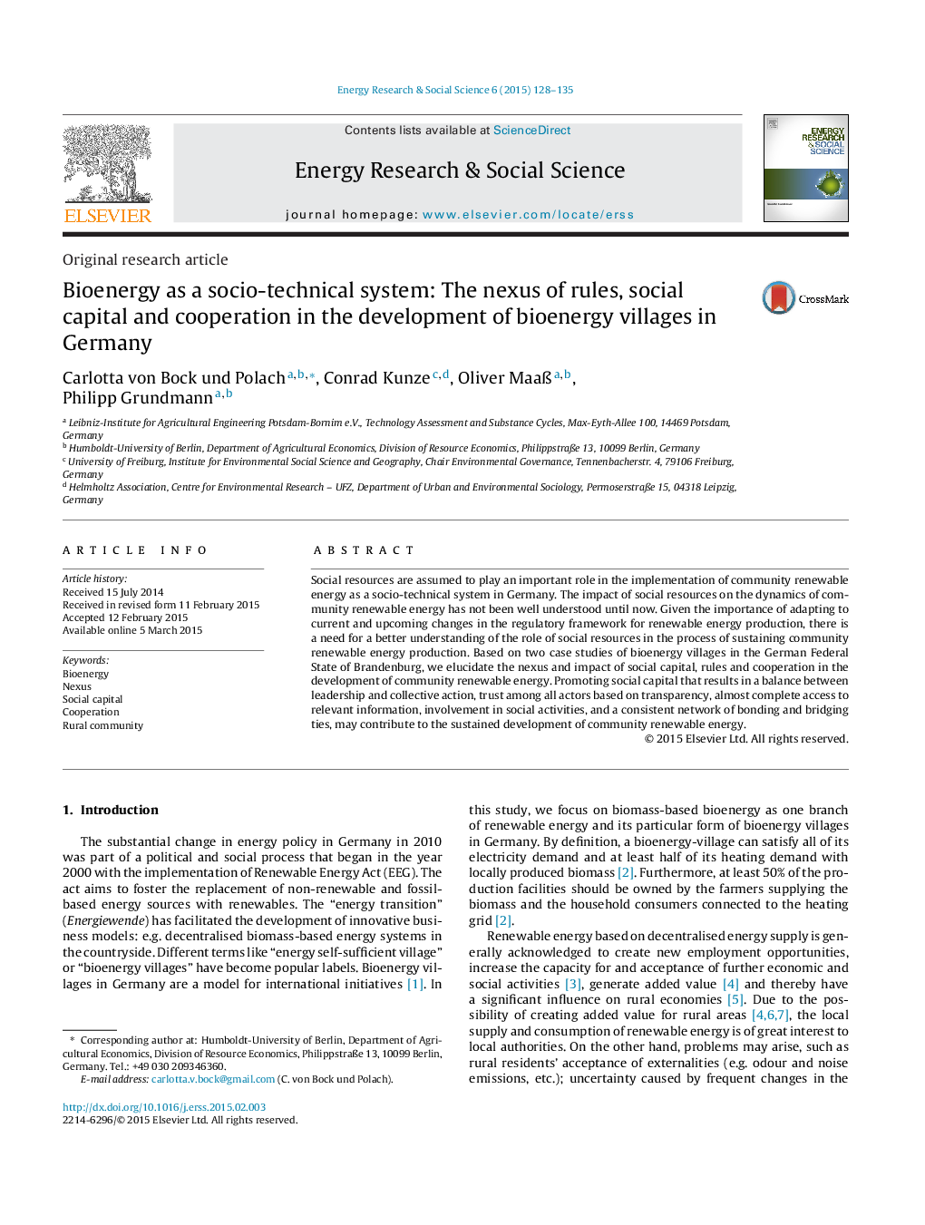 Bioenergy as a socio-technical system: The nexus of rules, social capital and cooperation in the development of bioenergy villages in Germany