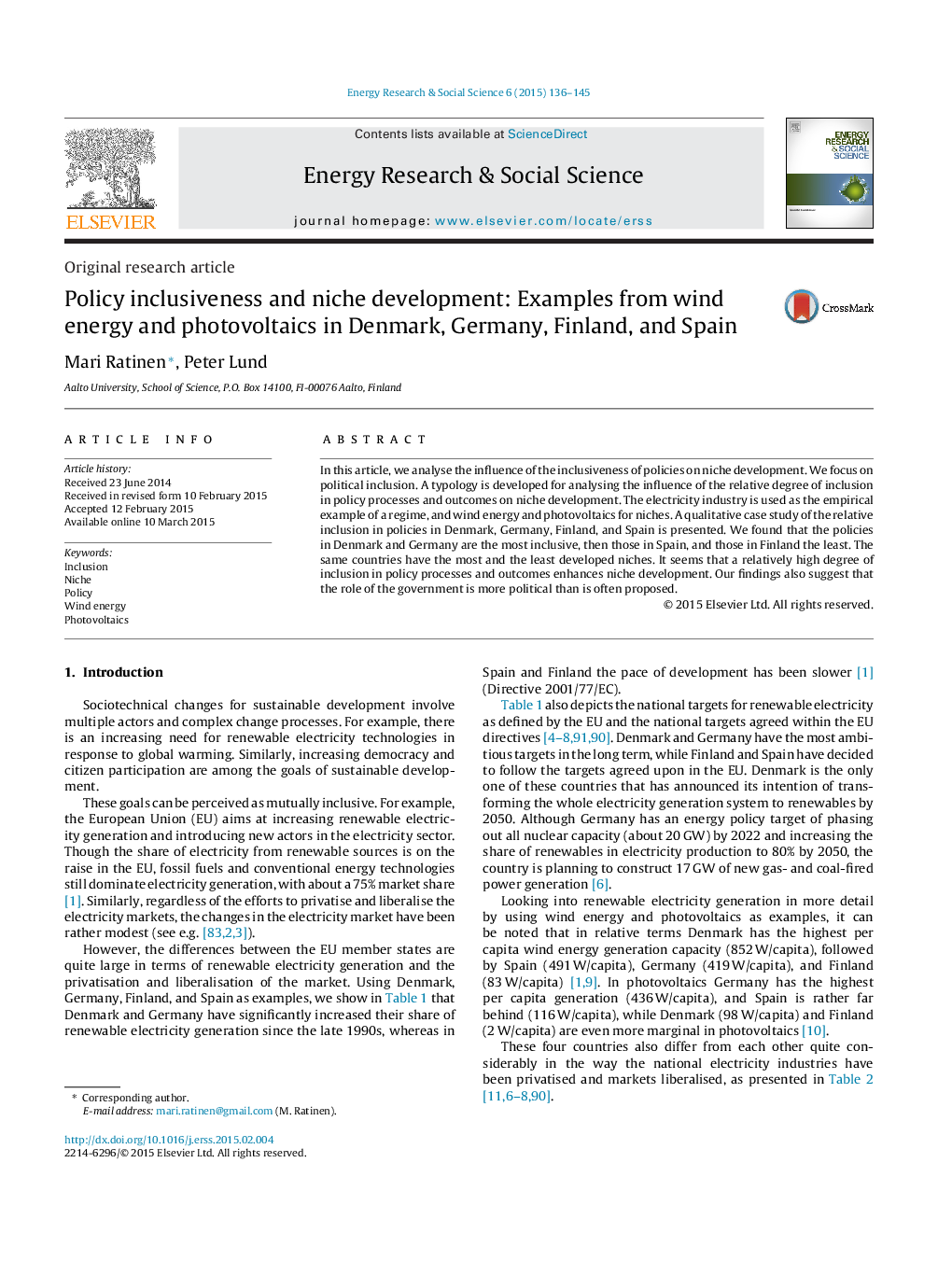 Policy inclusiveness and niche development: Examples from wind energy and photovoltaics in Denmark, Germany, Finland, and Spain