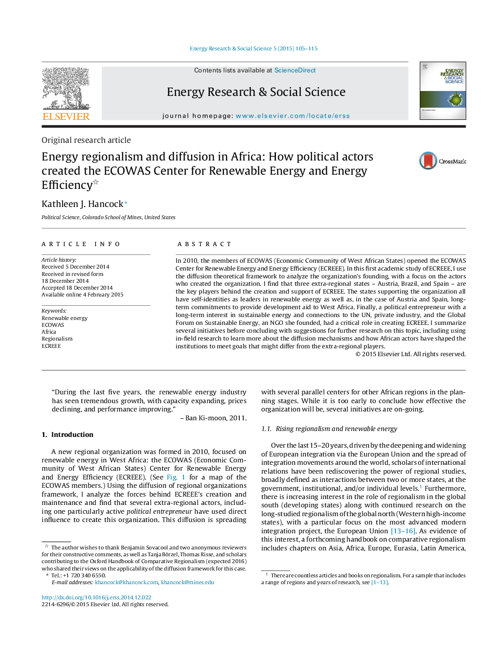 Energy regionalism and diffusion in Africa: How political actors created the ECOWAS Center for Renewable Energy and Energy Efficiency
