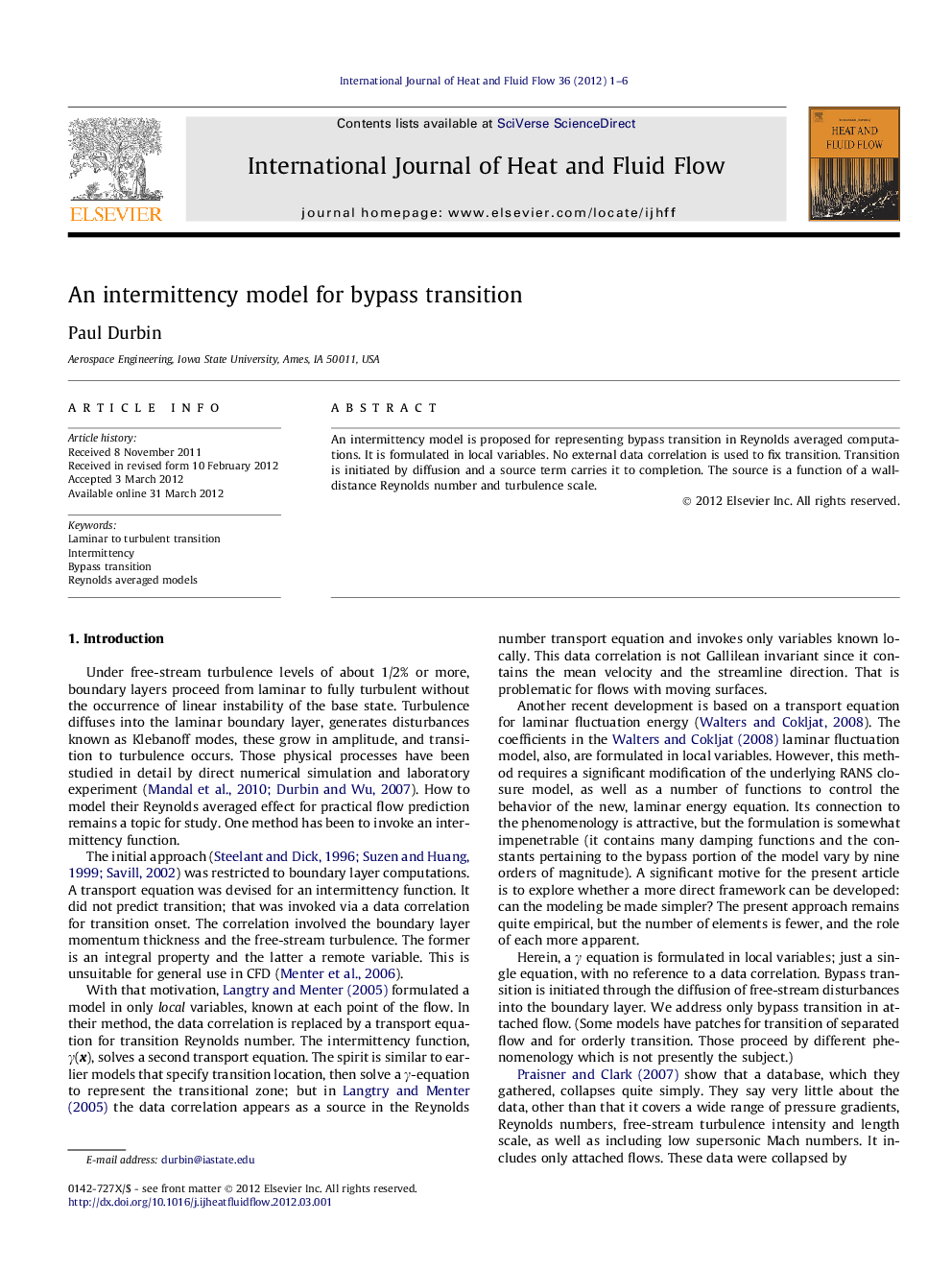 An intermittency model for bypass transition