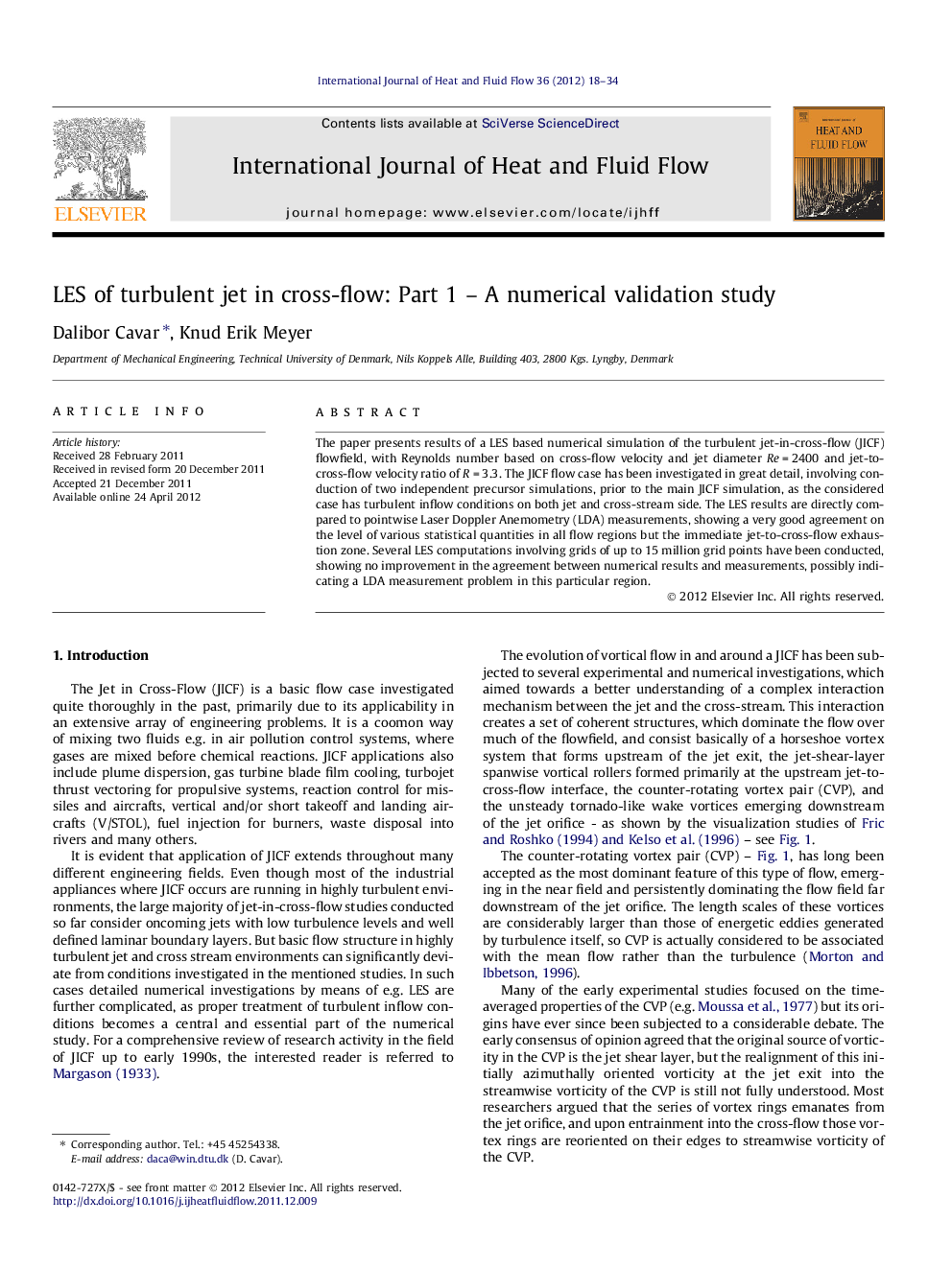 عکس صفحه اول مقاله: LES of turbulent jet in cross-flow: Part 1 - A numerical validation study LES of turbulent jet in cross-flow: Part 1 - A numerical validation study