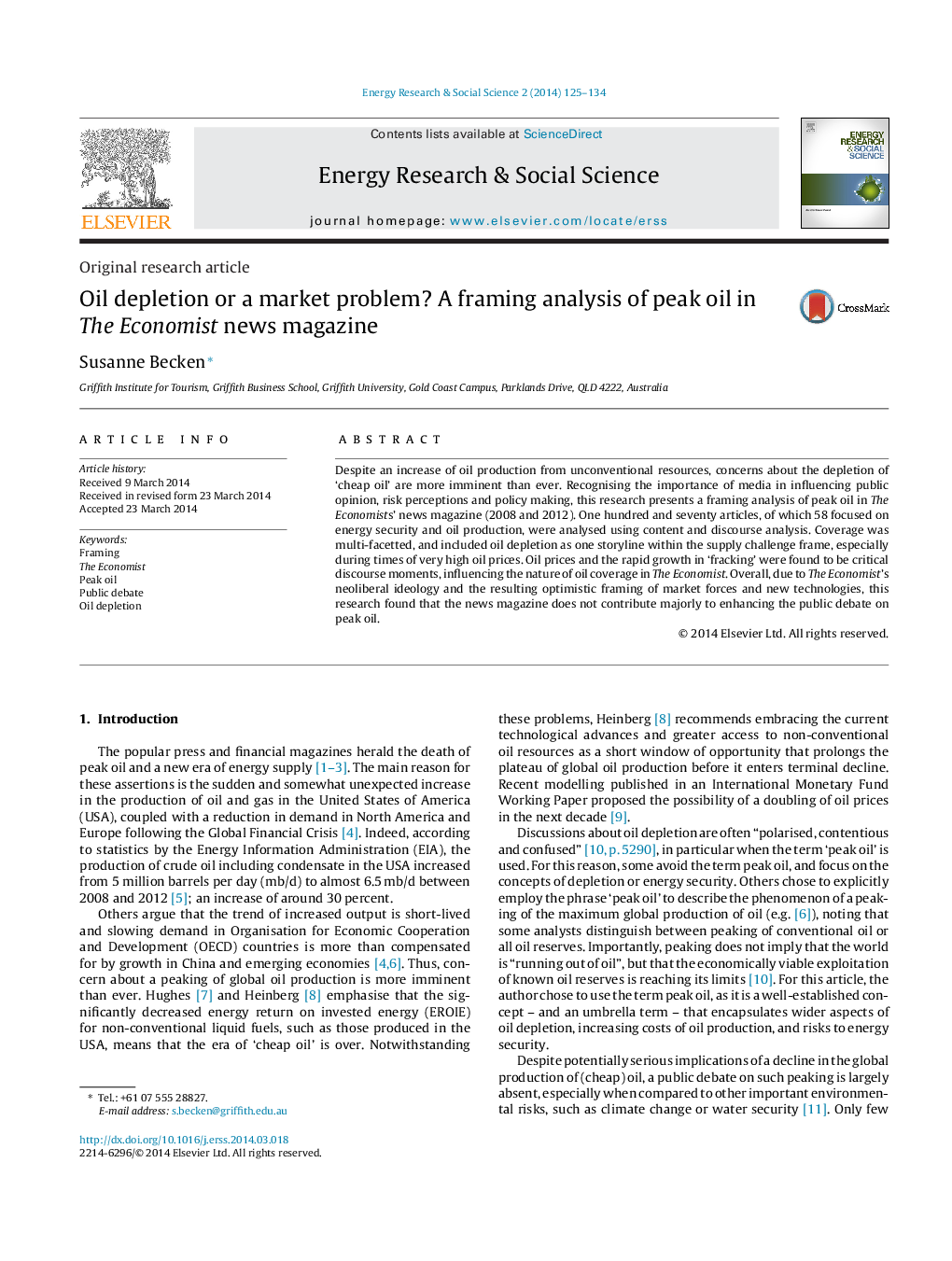 Oil depletion or a market problem? A framing analysis of peak oil in The Economist news magazine