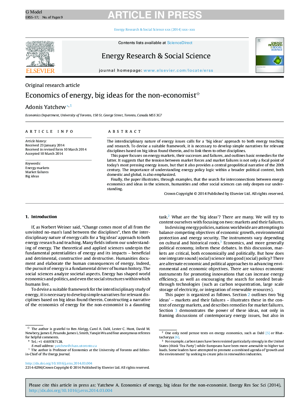 Economics of energy, big ideas for the non-economist