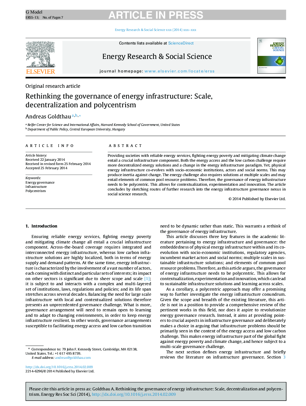 Rethinking the governance of energy infrastructure: Scale, decentralization and polycentrism