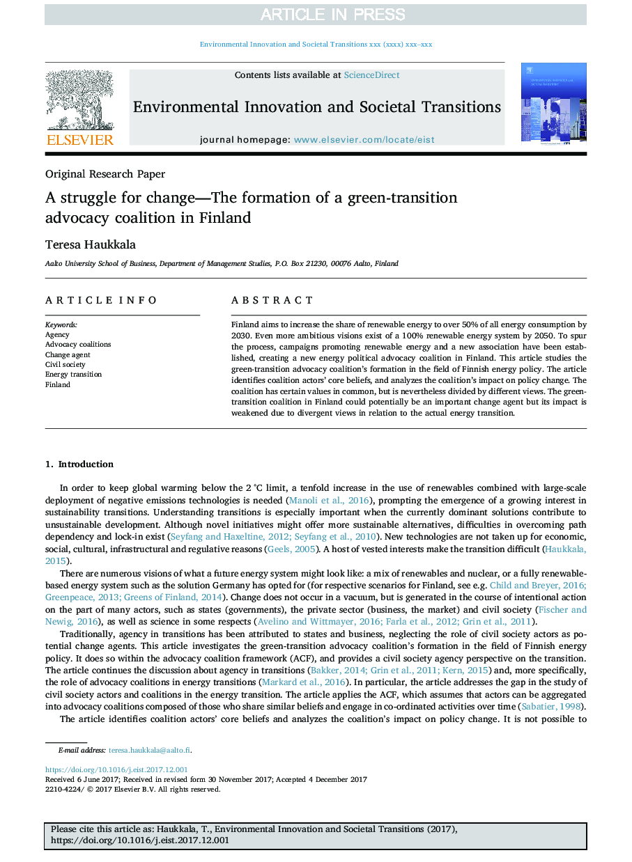 A struggle for change-The formation of a green-transition advocacy coalition in Finland