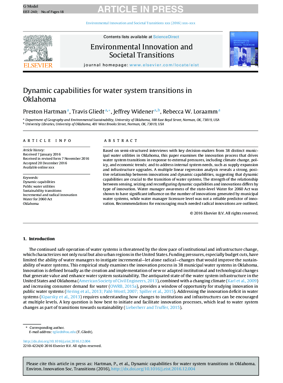 Dynamic capabilities for water system transitions in Oklahoma