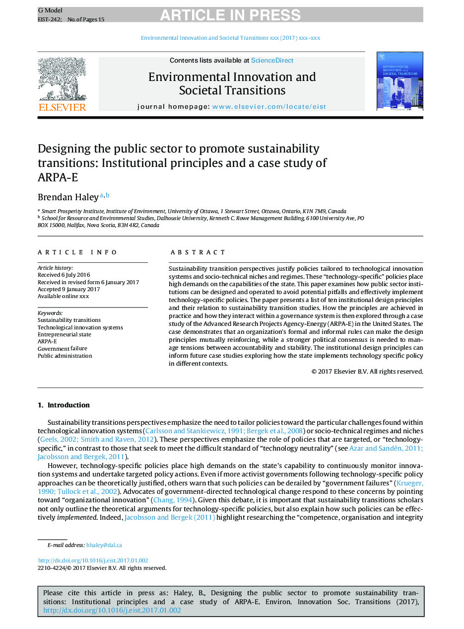 Designing the public sector to promote sustainability transitions: Institutional principles and a case study of ARPA-E