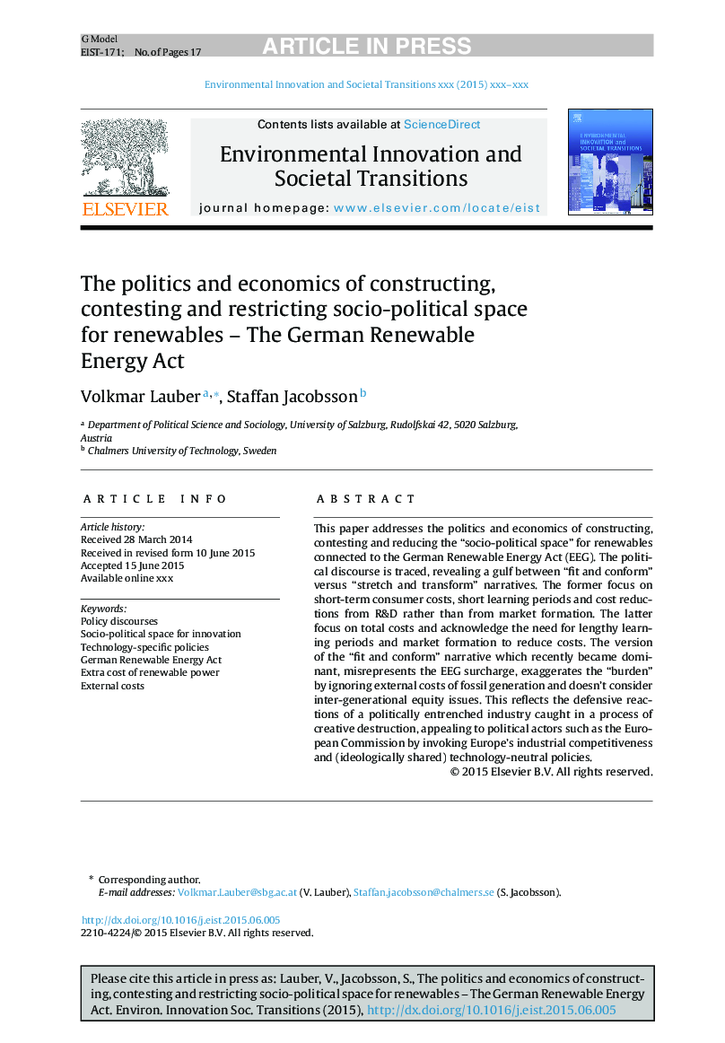 The politics and economics of constructing, contesting and restricting socio-political space for renewables - The German Renewable Energy Act