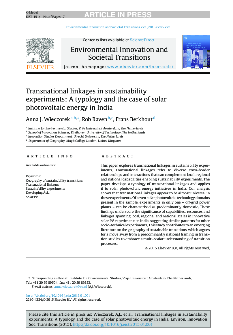 Transnational linkages in sustainability experiments: A typology and the case of solar photovoltaic energy in India