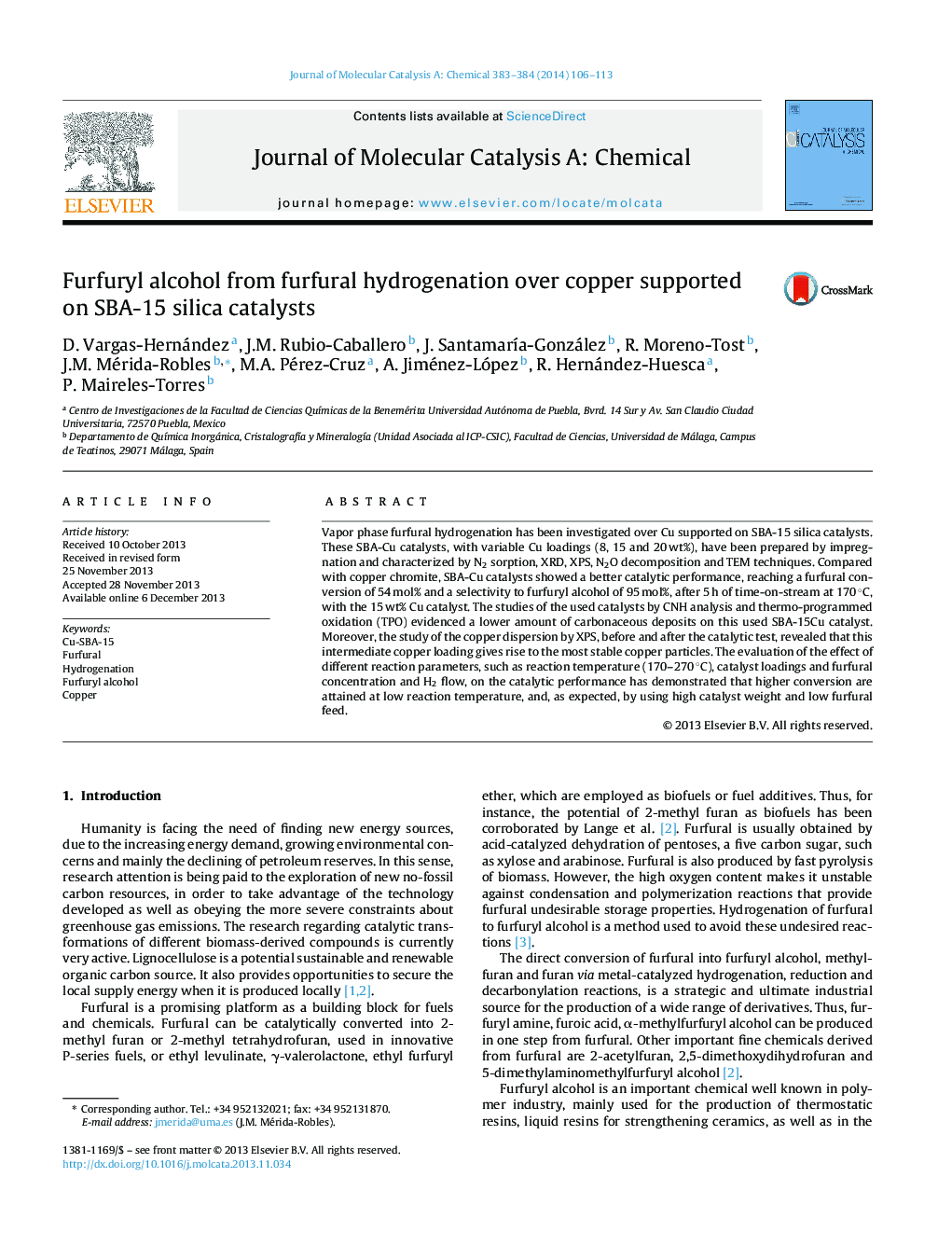 Furfuryl alcohol from furfural hydrogenation over copper supported on SBA-15 silica catalysts