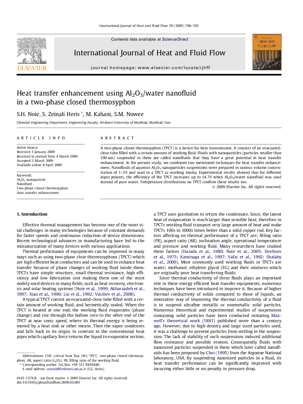 Heat transfer enhancement using Al2O3/water nanofluid in a two-phase closed thermosyphon