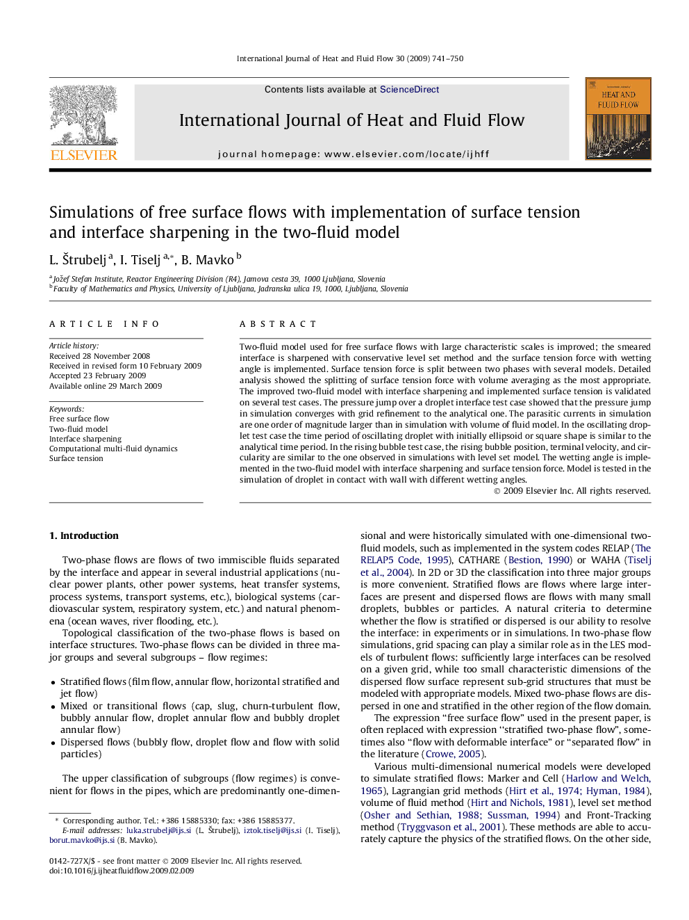 Simulations of free surface flows with implementation of surface tension and interface sharpening in the two-fluid model