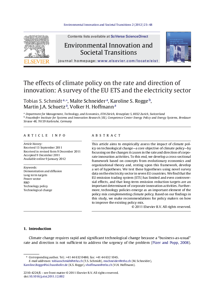 The effects of climate policy on the rate and direction of innovation: A survey of the EU ETS and the electricity sector