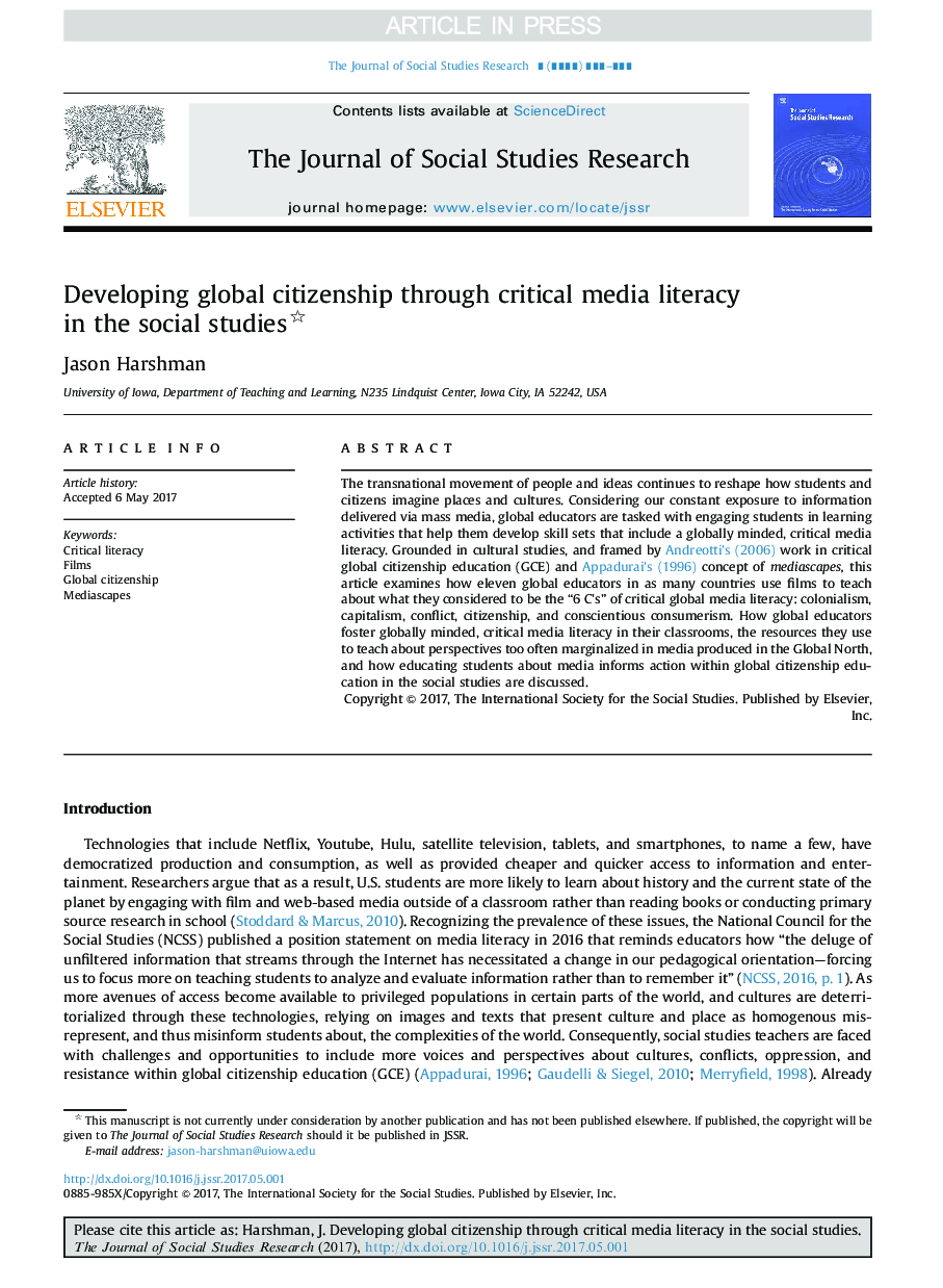 توسعه شهروندی جهانی از طریق سواد رسانه های انتقادی در مطالعات اجتماعی 