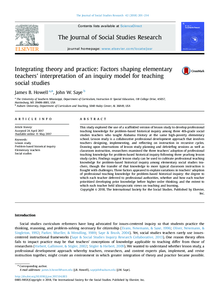 Integrating theory and practice: Factors shaping elementary teachers×³ interpretation of an inquiry model for teaching social studies
