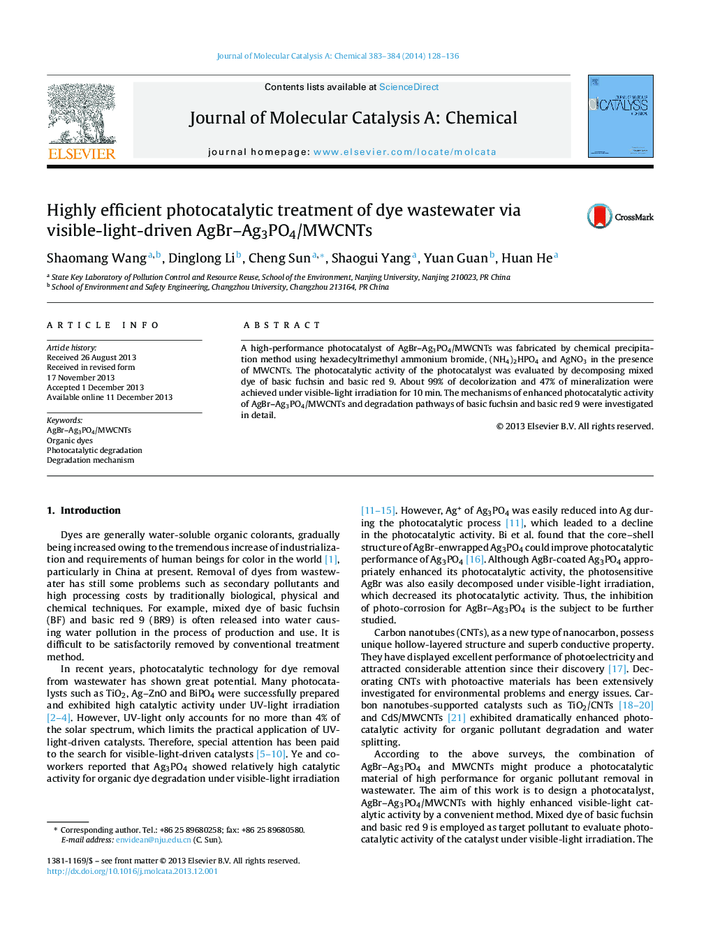 عکس صفحه اول مقاله: Highly efficient photocatalytic treatment of dye wastewater via visible-light-driven AgBr–Ag3PO4/MWCNTs Highly efficient photocatalytic treatment of dye wastewater via visible-light-driven AgBr–Ag3PO4/MWCNTs
