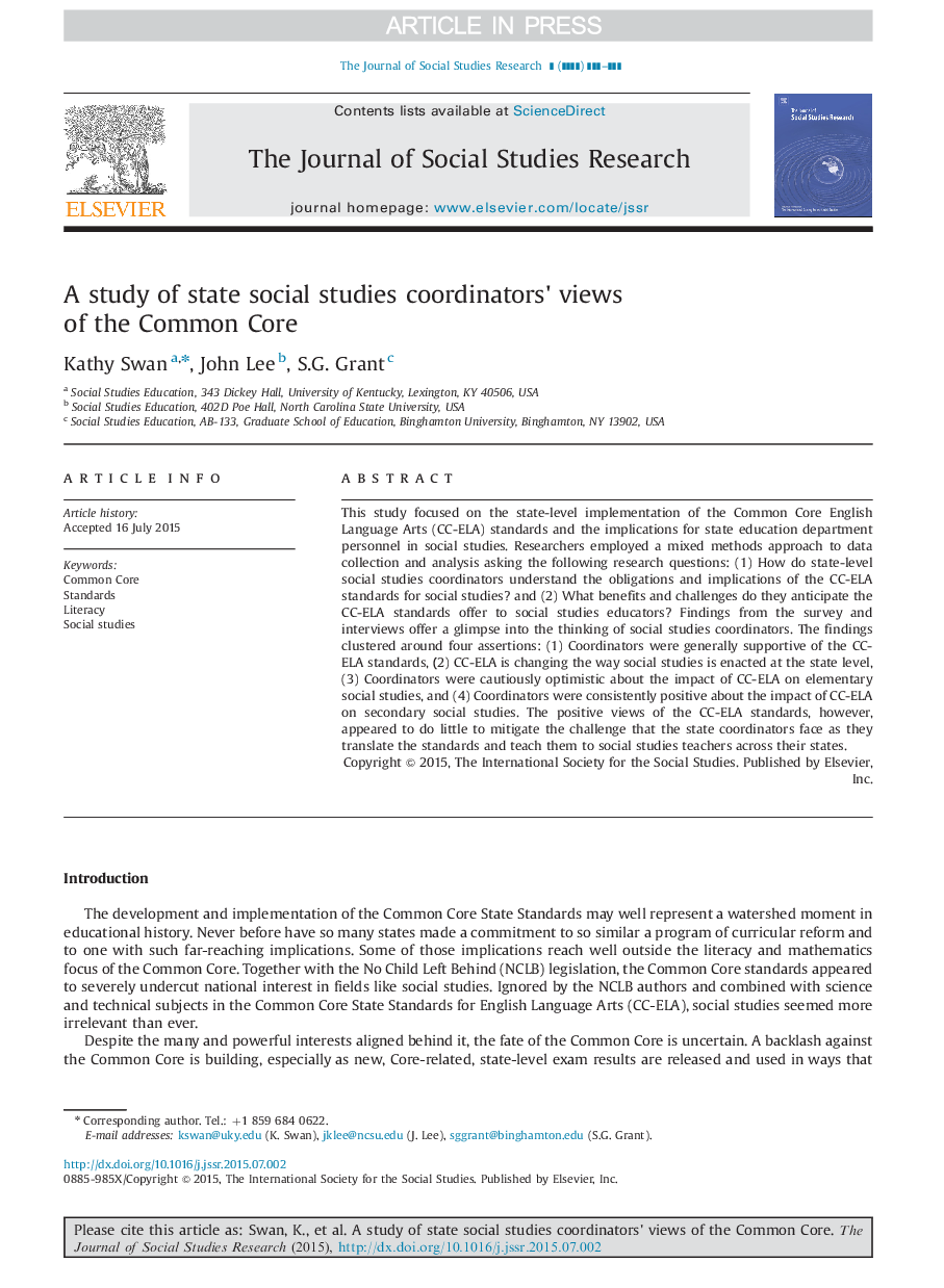 A study of state social studies coordinators×³ views of the Common Core