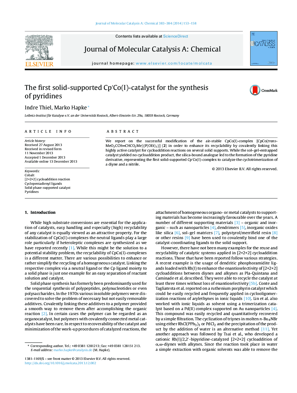 عکس صفحه اول مقاله: The first solid-supported Cp′Co(I)-catalyst for the synthesis of pyridines The first solid-supported Cp′Co(I)-catalyst for the synthesis of pyridines