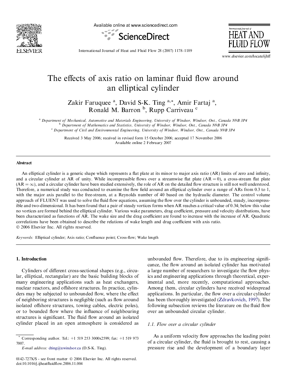 The effects of axis ratio on laminar fluid flow around an elliptical cylinder