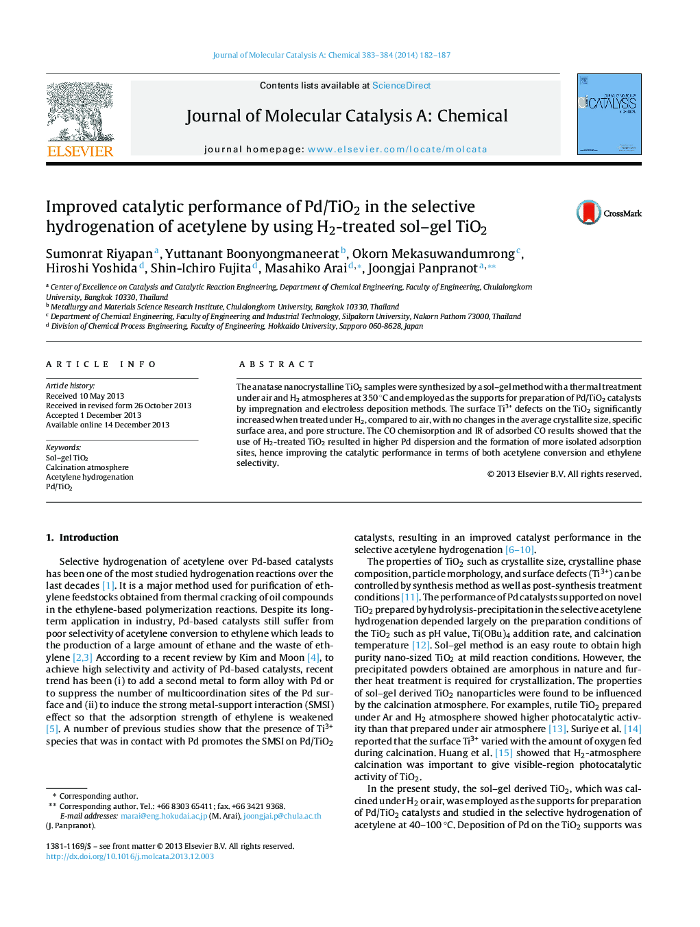 عکس صفحه اول مقاله: Improved catalytic performance of Pd/TiO2 in the selective hydrogenation of acetylene by using H2-treated sol–gel TiO2 Improved catalytic performance of Pd/TiO2 in the selective hydrogenation of acetylene by using H2-treated sol–gel TiO2