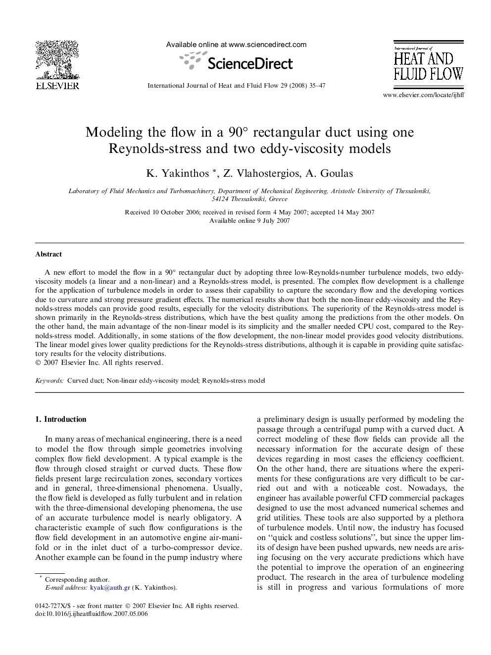 Modeling the flow in a 90Â° rectangular duct using one Reynolds-stress and two eddy-viscosity models