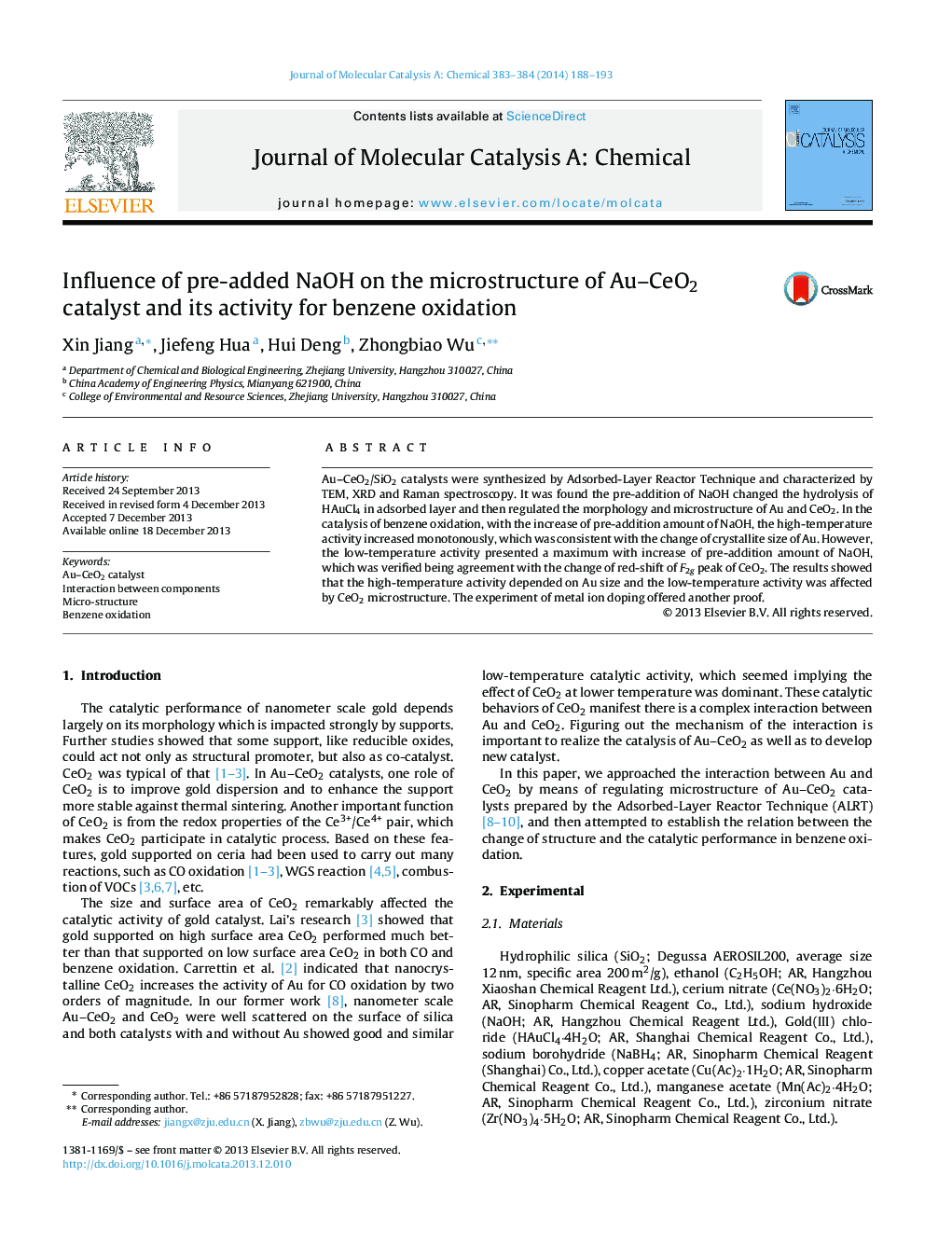 Influence of pre-added NaOH on the microstructure of Au–CeO2 catalyst and its activity for benzene oxidation