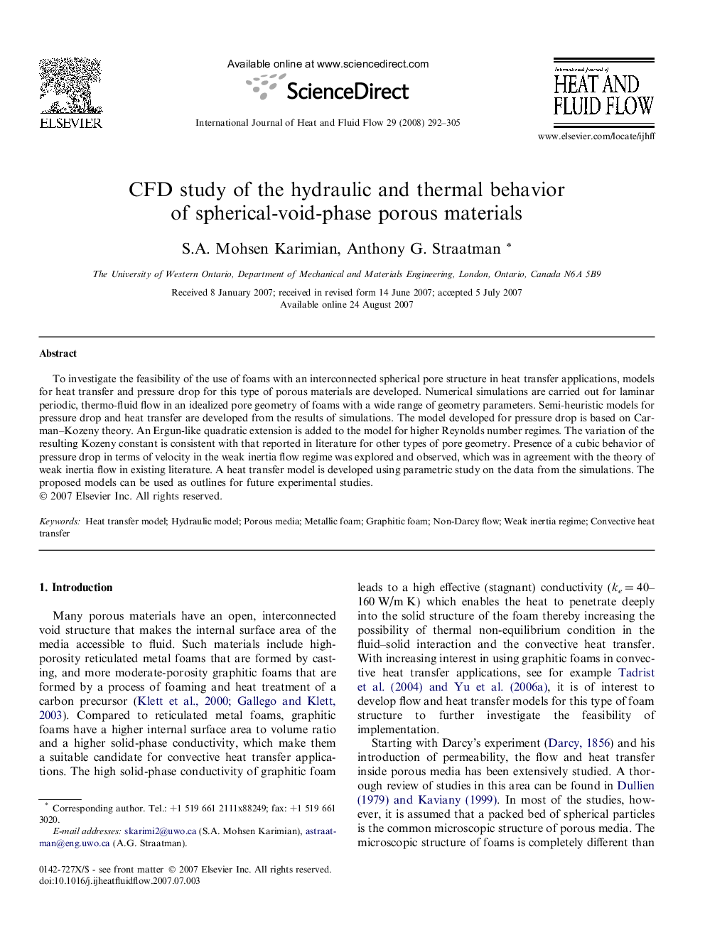 CFD study of the hydraulic and thermal behavior of spherical-void-phase porous materials