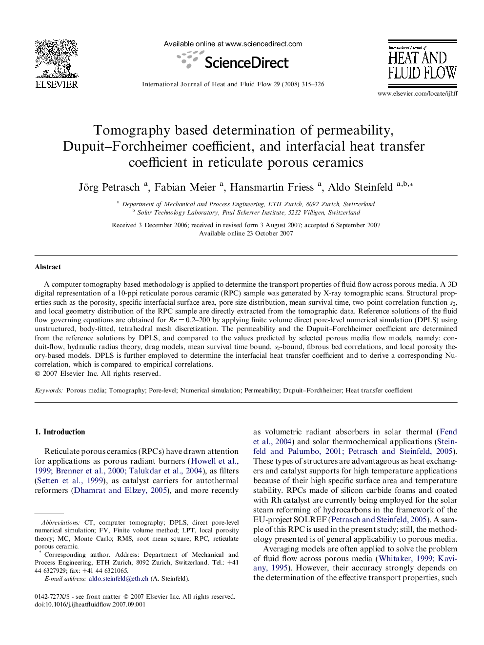 Tomography based determination of permeability, Dupuit–Forchheimer coefficient, and interfacial heat transfer coefficient in reticulate porous ceramics