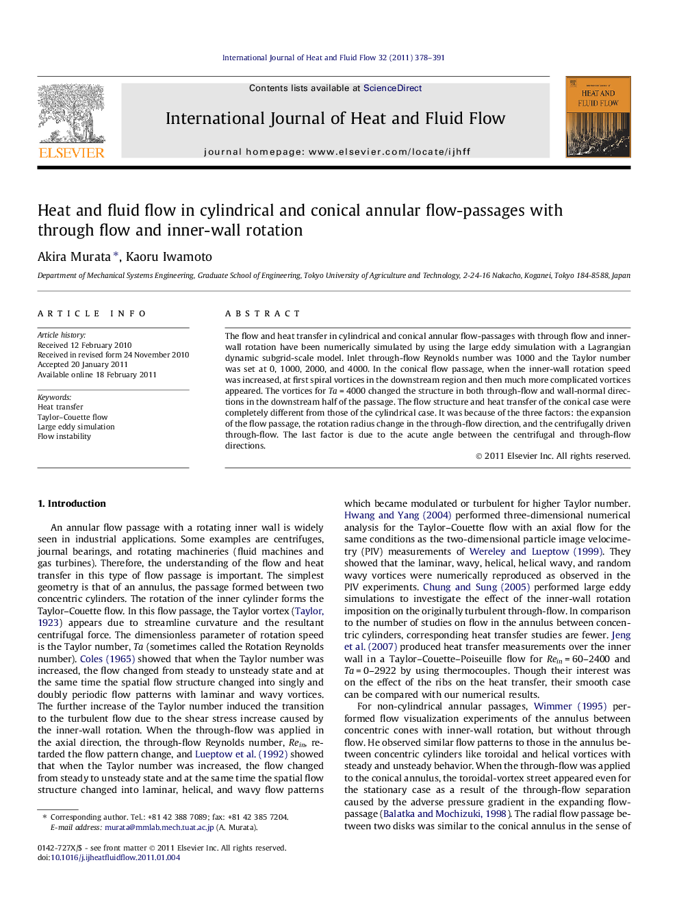 Heat and fluid flow in cylindrical and conical annular flow-passages with through flow and inner-wall rotation