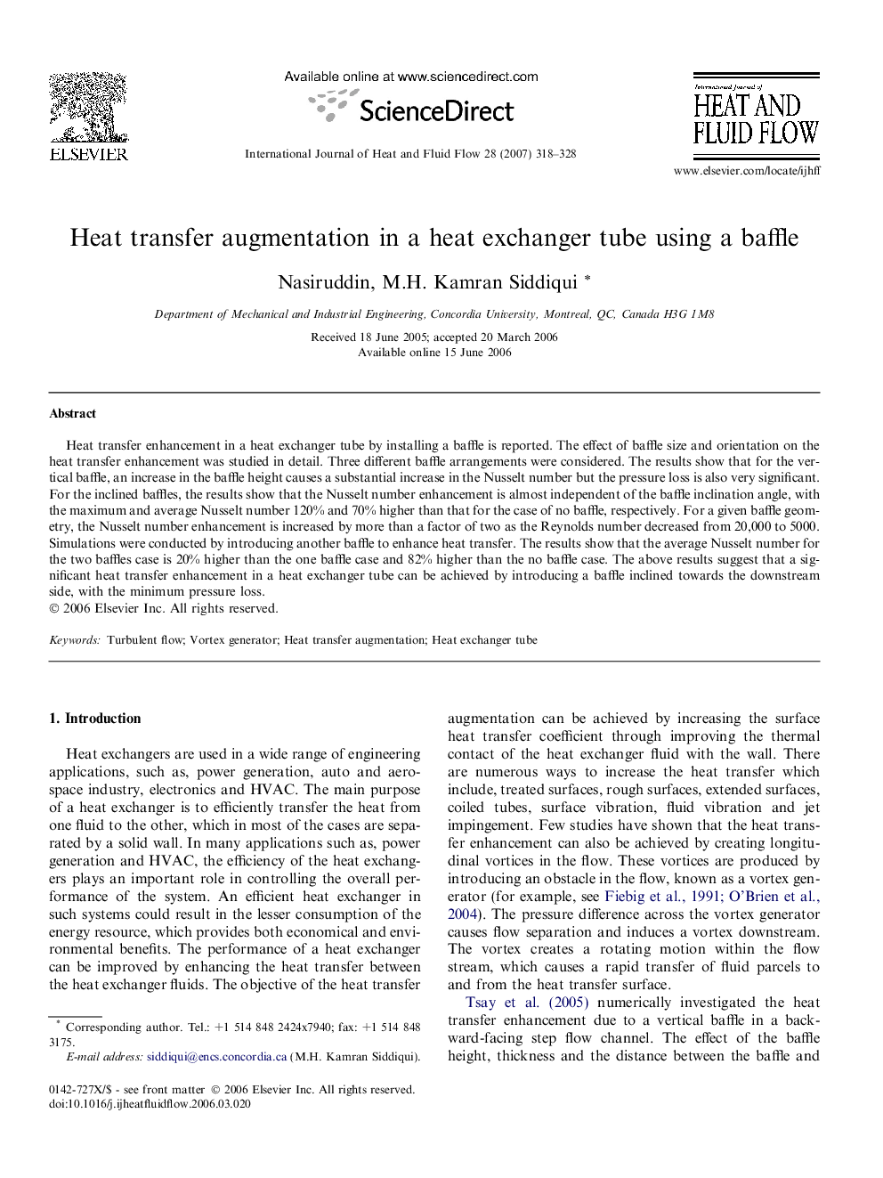 Heat transfer augmentation in a heat exchanger tube using a baffle