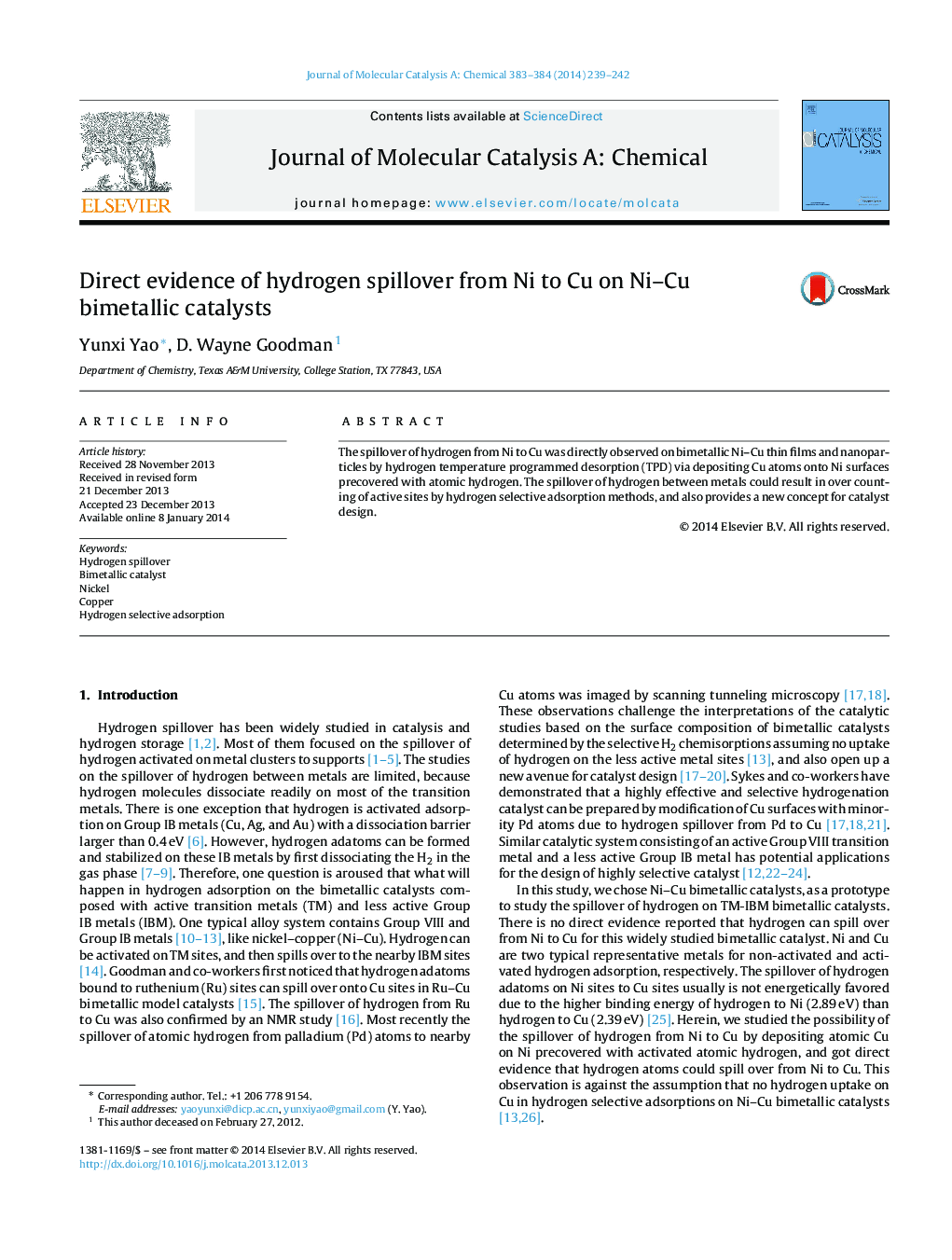 Direct evidence of hydrogen spillover from Ni to Cu on Ni–Cu bimetallic catalysts