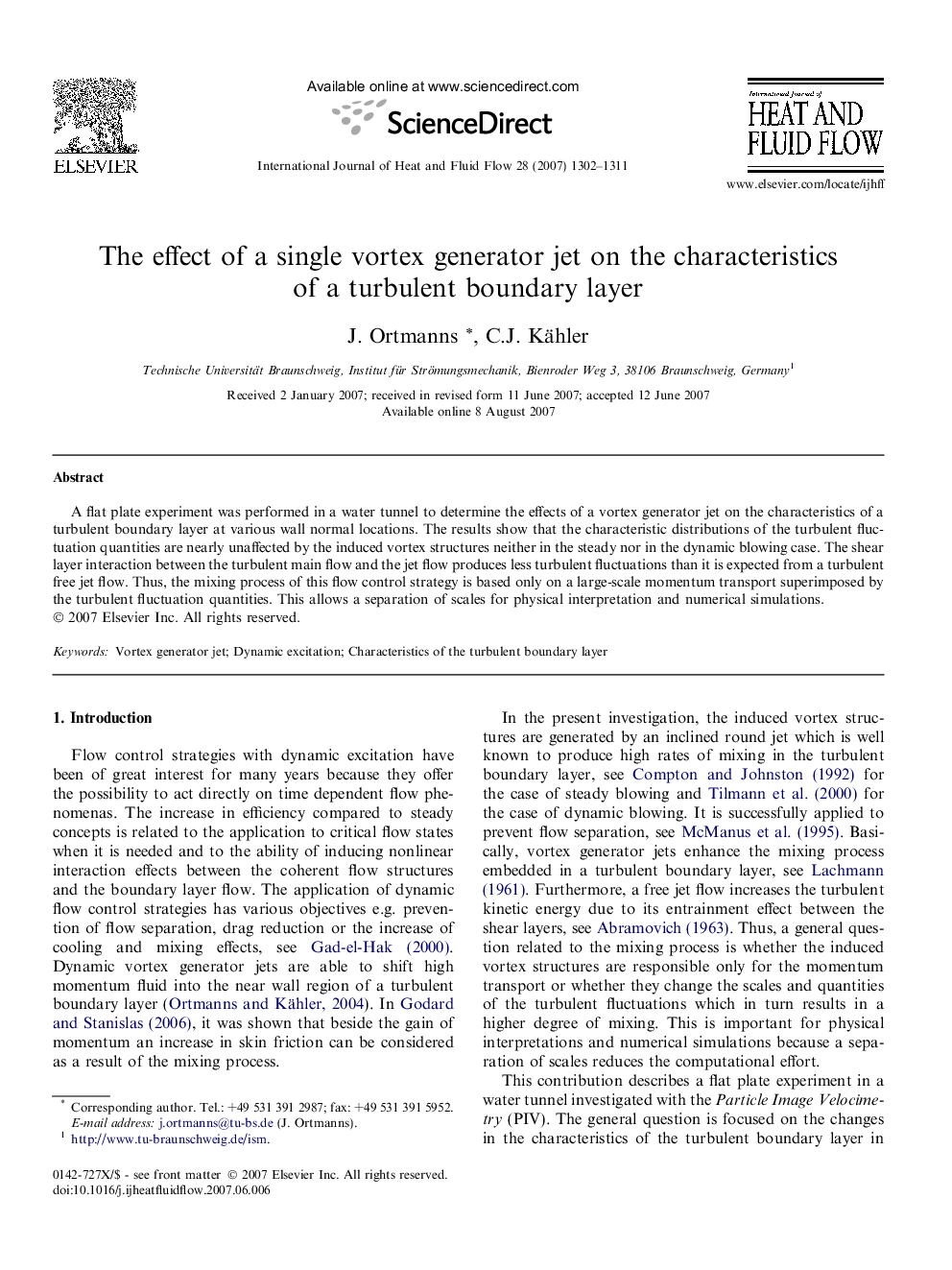 The effect of a single vortex generator jet on the characteristics of a turbulent boundary layer