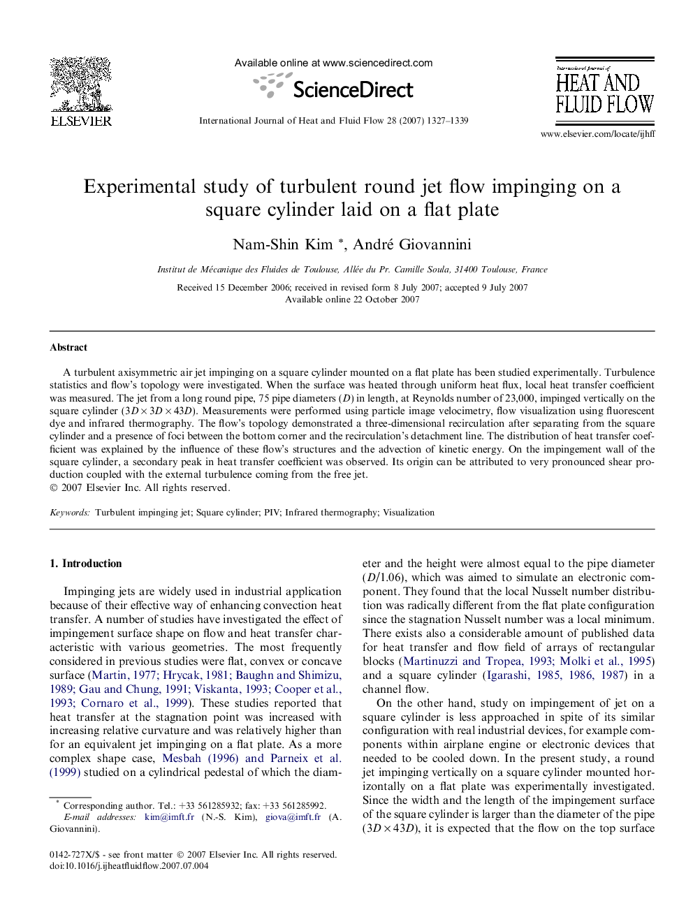 Experimental study of turbulent round jet flow impinging on a square cylinder laid on a flat plate