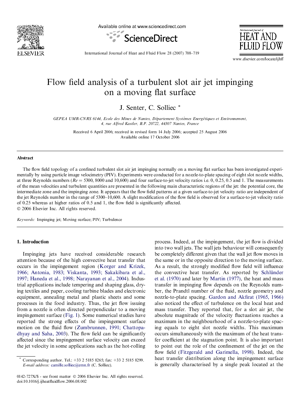 Flow field analysis of a turbulent slot air jet impinging on a moving flat surface