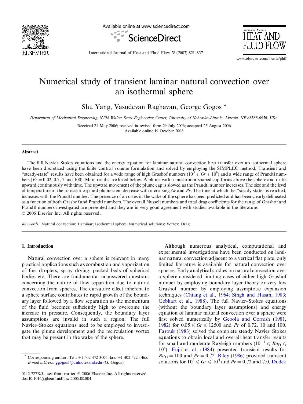 Numerical study of transient laminar natural convection over an isothermal sphere