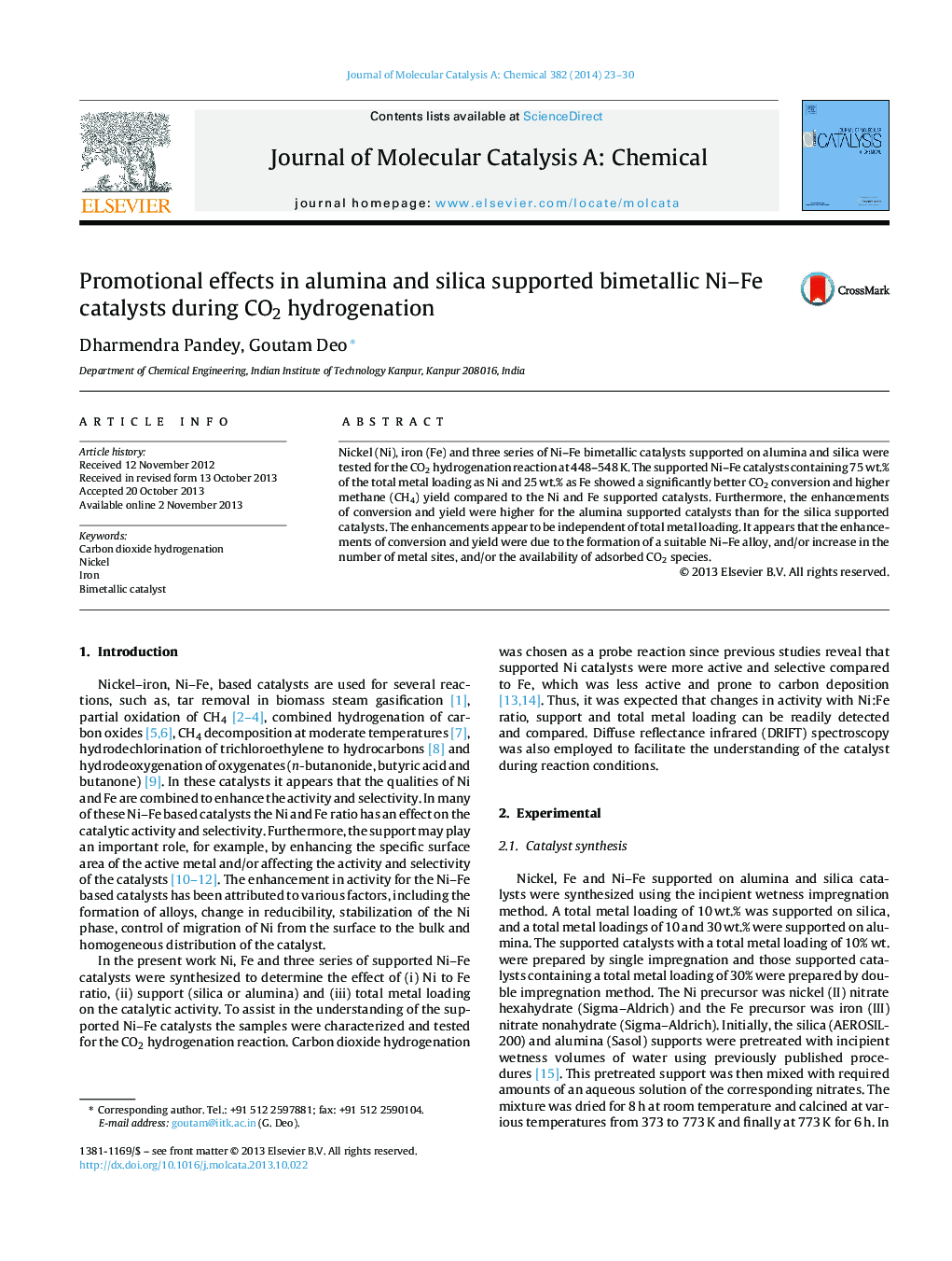 عکس صفحه اول مقاله: Promotional effects in alumina and silica supported bimetallic Ni–Fe catalysts during CO2 hydrogenation Promotional effects in alumina and silica supported bimetallic Ni–Fe catalysts during CO2 hydrogenation