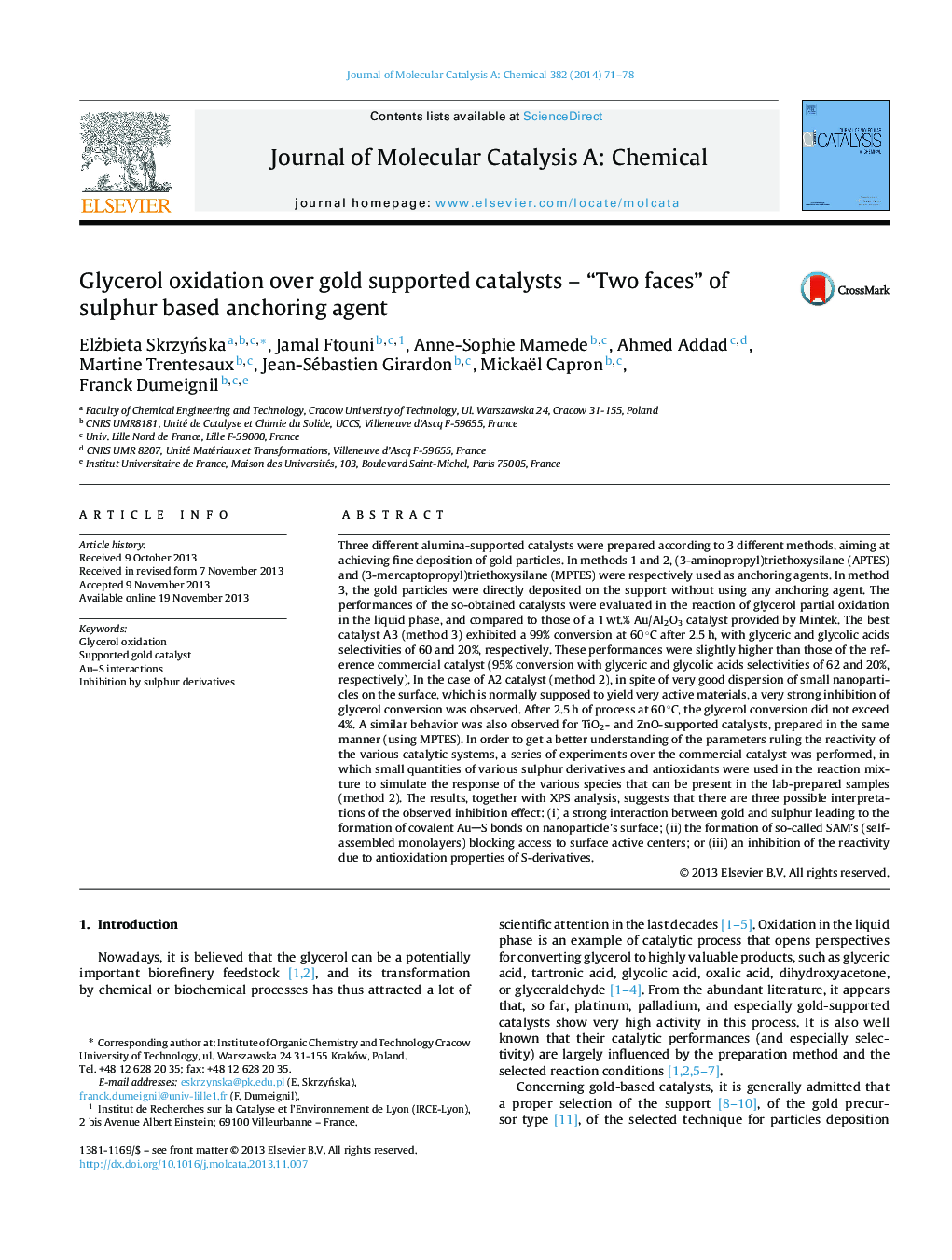 Glycerol oxidation over gold supported catalysts – “Two faces” of sulphur based anchoring agent