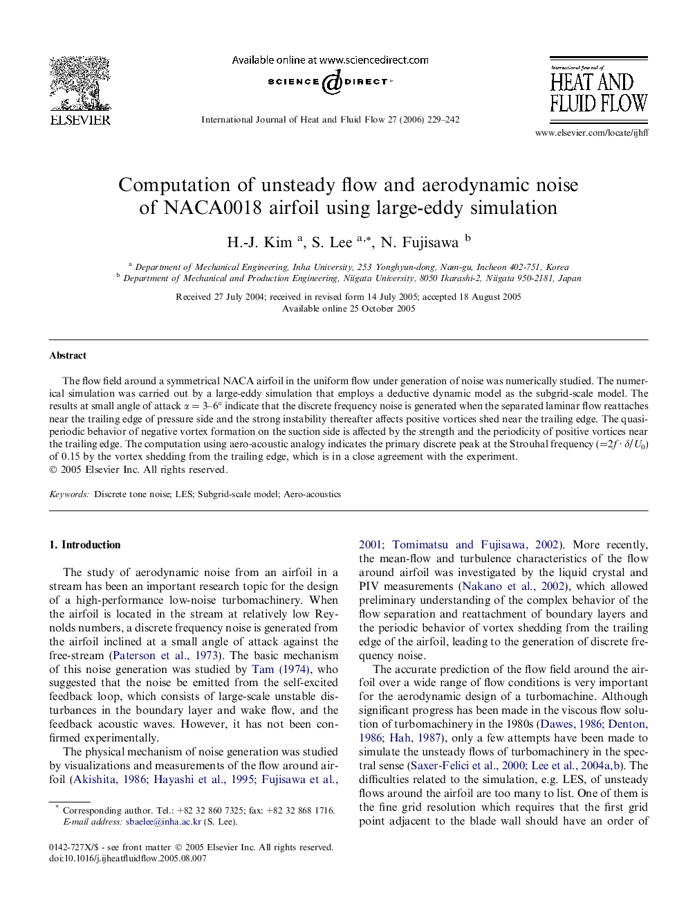 Computation of unsteady flow and aerodynamic noise of NACA0018 airfoil using large-eddy simulation