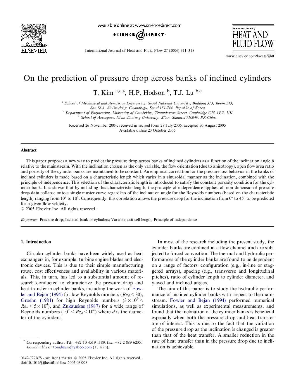 عکس صفحه اول مقاله: On the prediction of pressure drop across banks of inclined cylinders On the prediction of pressure drop across banks of inclined cylinders