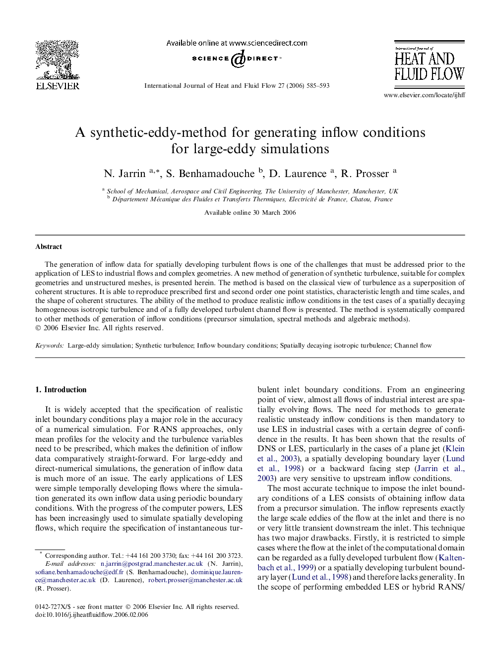 A synthetic-eddy-method for generating inflow conditions for large-eddy simulations