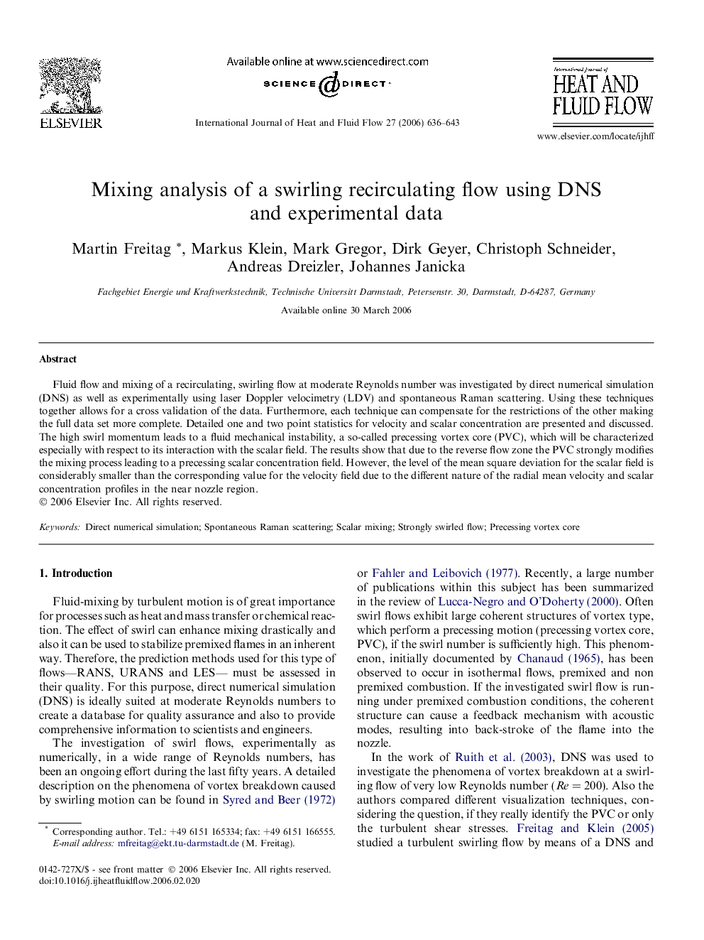عکس صفحه اول مقاله: Mixing analysis of a swirling recirculating flow using DNS and experimental data Mixing analysis of a swirling recirculating flow using DNS and experimental data